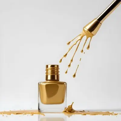 A Golden Nail Polish Bottle With A Drop Falling Into It And The Brush Above It On A White Background 15 928a