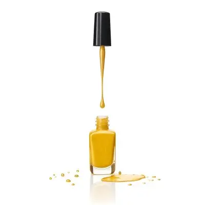 A Golden Nail Polish Bottle With A Drop Falling Into It And The Brush Above It On A White Background 17 A8fc