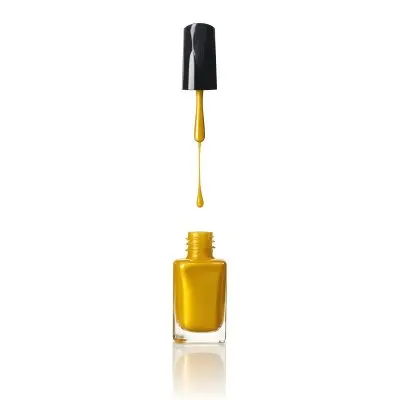 A Golden Nail Polish Bottle With A Drop Falling Into It And The Brush Above It On A White Background 18 Bf31