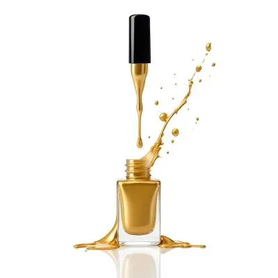 A Golden Nail Polish Bottle With A Drop Falling Into It And The Brush Above It On A White Background 19 658b