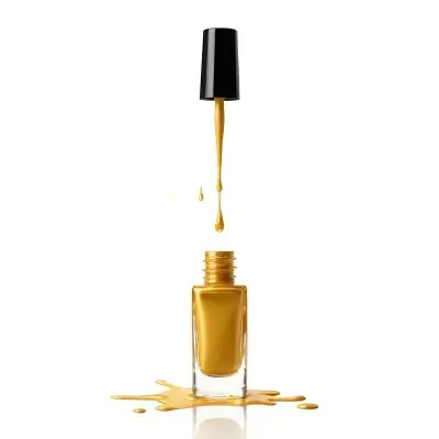 A Golden Nail Polish Bottle With A Drop Falling Into It And The Brush Above It On A White Background 2 8f04