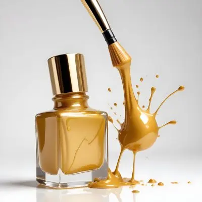 A Golden Nail Polish Bottle With A Drop Falling Into It And The Brush Above It On A White Background 23 3a70