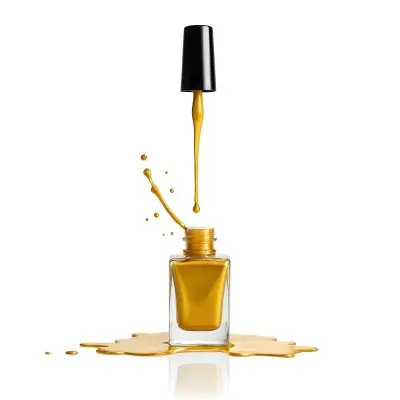 A Golden Nail Polish Bottle With A Drop Falling Into It And The Brush Above It On A White Background 24 512d