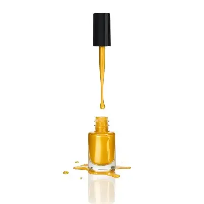 A Golden Nail Polish Bottle With A Drop Falling Into It And The Brush Above It On A White Background 26 56d9