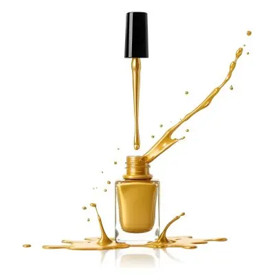 A Golden Nail Polish Bottle With A Drop Falling Into It And The Brush Above It On A White Background 27 F6de