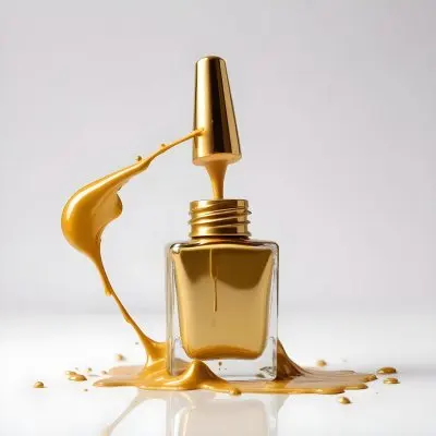 A Golden Nail Polish Bottle With A Drop Falling Into It And The Brush Above It On A White Background 3 6637