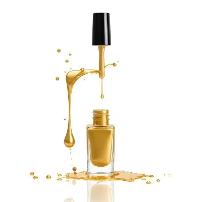 A Golden Nail Polish Bottle With A Drop Falling Into It And The Brush Above It On A White Background 30 6bfd