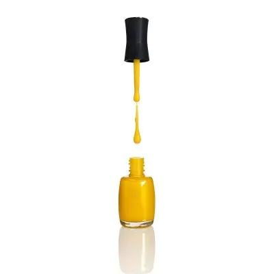 A Golden Nail Polish Bottle With A Drop Falling Into It And The Brush Above It On A White Background 31 1945