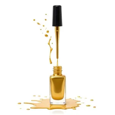 A Golden Nail Polish Bottle With A Drop Falling Into It And The Brush Above It On A White Background 36 1d69