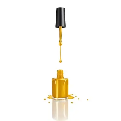A Golden Nail Polish Bottle With A Drop Falling Into It And The Brush Above It On A White Background 42 C9ba