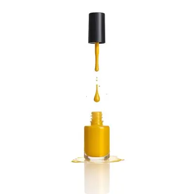 A Golden Nail Polish Bottle With A Drop Falling Into It And The Brush Above It On A White Background 49 B4a8