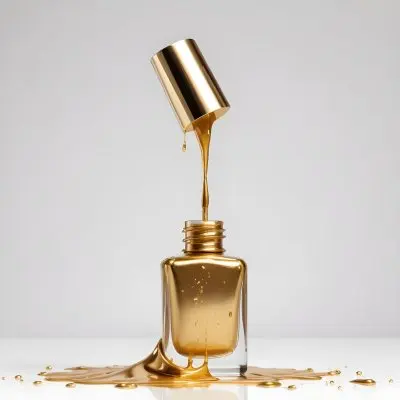 A Golden Nail Polish Bottle With A Drop Falling Into It And The Brush Above It On A White Background 5 2799