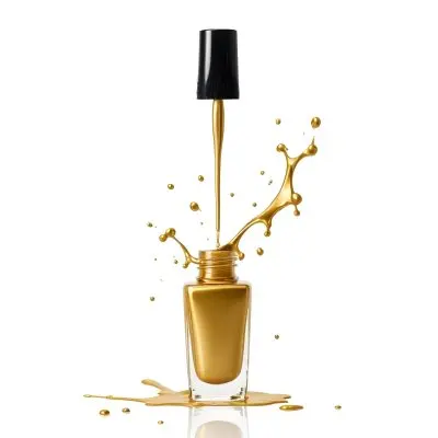 A Golden Nail Polish Bottle With A Drop Falling Into It And The Brush Above It On A White Background 8 B532