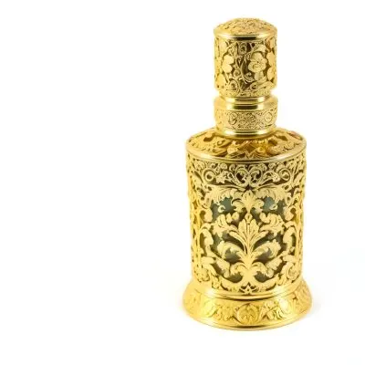 A Golden Ornate Perfume Bottle With An Intricate Floral Pattern 20 9054