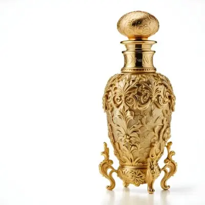 A Golden Ornate Perfume Bottle With An Intricate Floral Pattern 8 0e2c