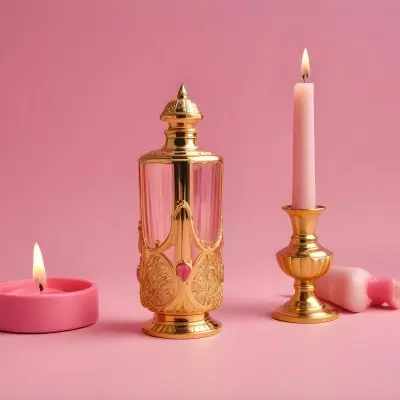 A Golden Perfume Bottle With A Pink Cap And A Golden Candle Holder On A Pink Background 4 Ce44