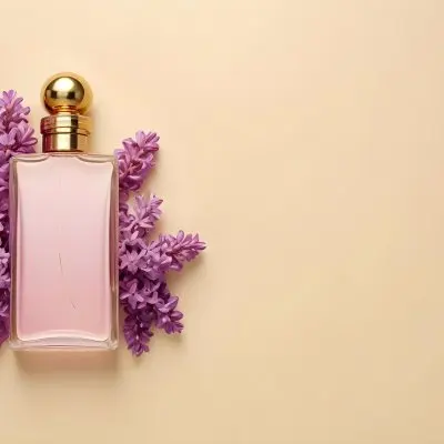 A Golden Perfume Bottle With A Pink Cap Surrounded By Purple Lilac Flowers On A Purple Background 14 6d5c