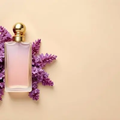 A Golden Perfume Bottle With A Pink Cap Surrounded By Purple Lilac Flowers On A Purple Background 5 73cb