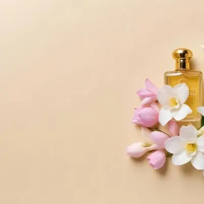 A Golden Perfume Bottle With A Pink Cap Surrounded By White Freesia Flowers All On A White Background 36 Bce0