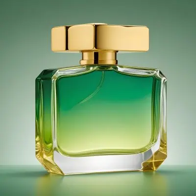 A Green And Yellow Perfume Bottle With A Golden Cap On A Gradient Background 12 852f