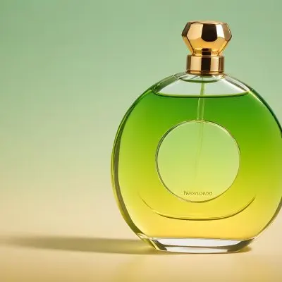 A Green And Yellow Perfume Bottle With A Golden Cap On A Gradient Background 13 8a47