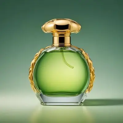 A Green And Yellow Perfume Bottle With A Golden Cap On A Gradient Background 16 9bf9
