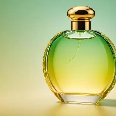 A Green And Yellow Perfume Bottle With A Golden Cap On A Gradient Background 2 E730