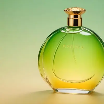 A Green And Yellow Perfume Bottle With A Golden Cap On A Gradient Background 25 F5fb