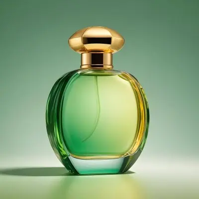 A Green And Yellow Perfume Bottle With A Golden Cap On A Gradient Background 26 314a