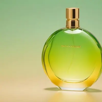 A Green And Yellow Perfume Bottle With A Golden Cap On A Gradient Background 28 Fa1d