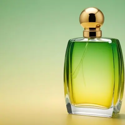 A Green And Yellow Perfume Bottle With A Golden Cap On A Gradient Background 30 1a2f