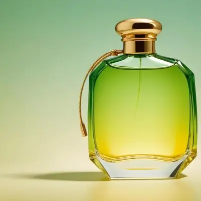 A Green And Yellow Perfume Bottle With A Golden Cap On A Gradient Background 31 A928