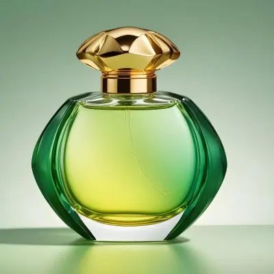 A Green And Yellow Perfume Bottle With A Golden Cap On A Gradient Background 33 0cca