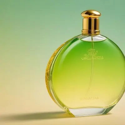 A Green And Yellow Perfume Bottle With A Golden Cap On A Gradient Background 34 4b0c