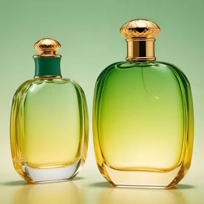 A Green And Yellow Perfume Bottle With A Golden Cap On A Gradient Background 5 5527