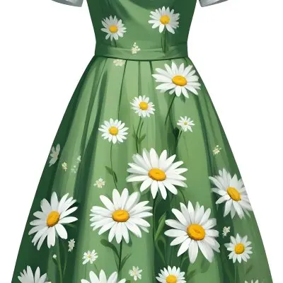 A Green Dress With White Daisy Flowers Short Sleeves Vintage Style The Dress Is On A White Background 1 E7bd