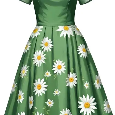 A Green Dress With White Daisy Flowers Short Sleeves Vintage Style The Dress Is On A White Background 10 5b65