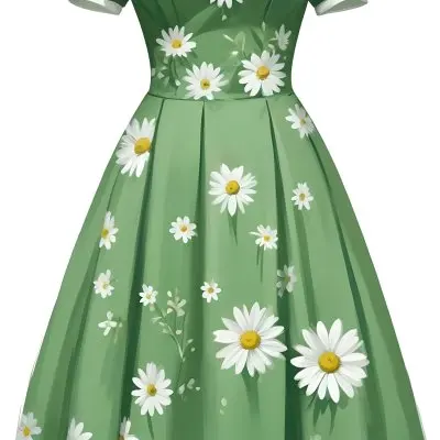 A Green Dress With White Daisy Flowers Short Sleeves Vintage Style The Dress Is On A White Background 14 4327