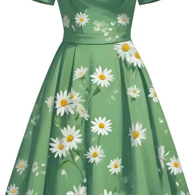 A Green Dress With White Daisy Flowers Short Sleeves Vintage Style The Dress Is On A White Background 15 2eb0