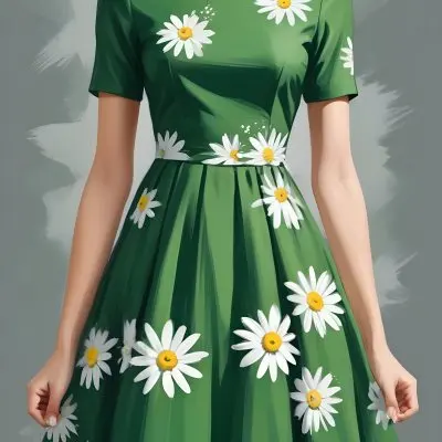 A Green Dress With White Daisy Flowers Short Sleeves Vintage Style The Dress Is On A White Background 2 84be