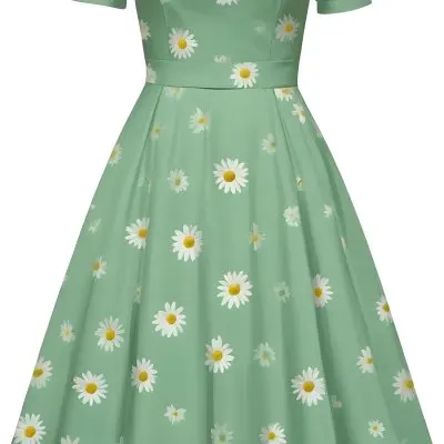 A Green Dress With White Daisy Flowers Short Sleeves Vintage Style The Dress Is On A White Background 21 3175