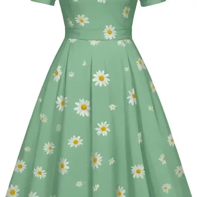 A Green Dress With White Daisy Flowers Short Sleeves Vintage Style The Dress Is On A White Background 24 5e3c