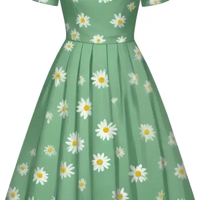 A Green Dress With White Daisy Flowers Short Sleeves Vintage Style The Dress Is On A White Background 26 Fd76