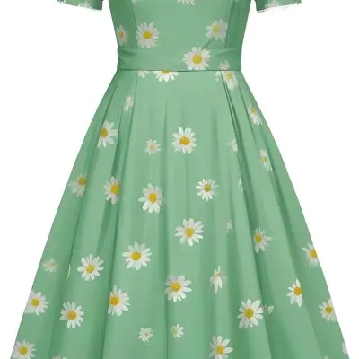 A Green Dress With White Daisy Flowers Short Sleeves Vintage Style The Dress Is On A White Background 27 01c6