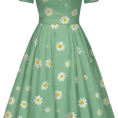 A Green Dress With White Daisy Flowers Short Sleeves Vintage Style The Dress Is On A White Background 29 4bbf 822f
