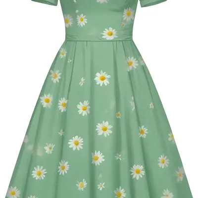 A Green Dress With White Daisy Flowers Short Sleeves Vintage Style The Dress Is On A White Background 30 Fe48