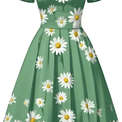 A Green Dress With White Daisy Flowers Short Sleeves Vintage Style The Dress Is On A White Background 31 3afe