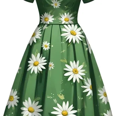 A Green Dress With White Daisy Flowers Short Sleeves Vintage Style The Dress Is On A White Background 32 Ba8e