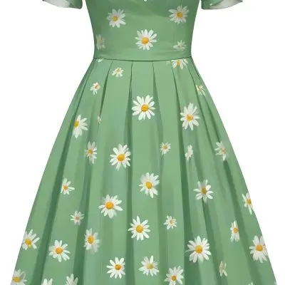 A Green Dress With White Daisy Flowers Short Sleeves Vintage Style The Dress Is On A White Background 33 6bfd