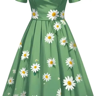 A Green Dress With White Daisy Flowers Short Sleeves Vintage Style The Dress Is On A White Background 37 Ba3e